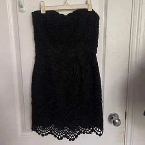Black crochet strapless cocktail dress